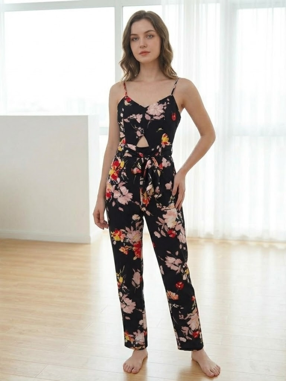 Material Girl Black Floral Spaghetti-Strap Jumpsuit with Tie Waist